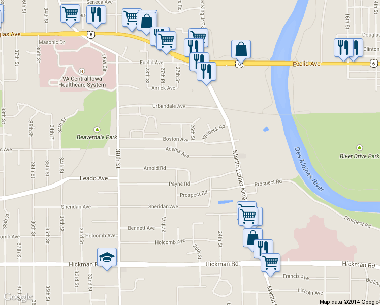 map of restaurants, bars, coffee shops, grocery stores, and more near 2531 Adams Ave in Des Moines
