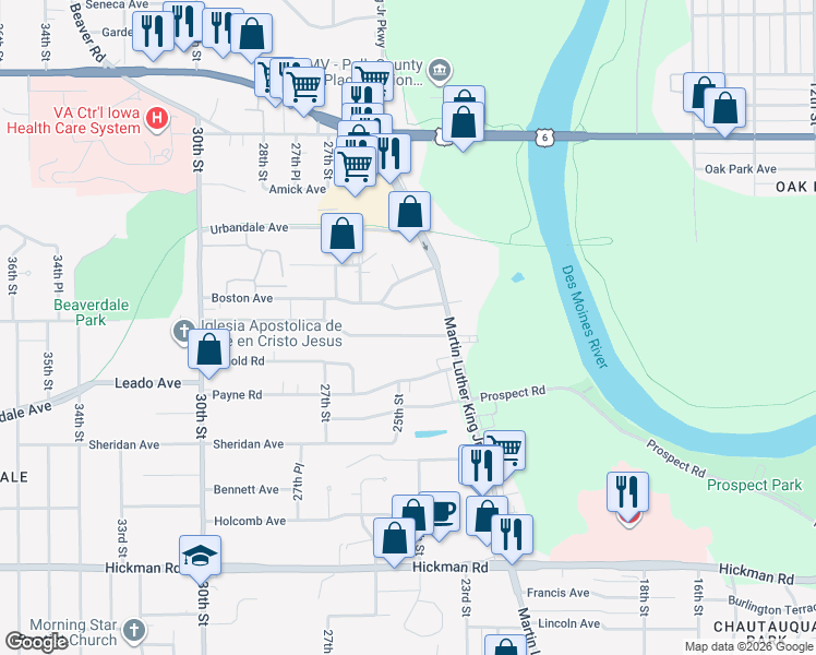 map of restaurants, bars, coffee shops, grocery stores, and more near 2425 Adams Avenue in Des Moines