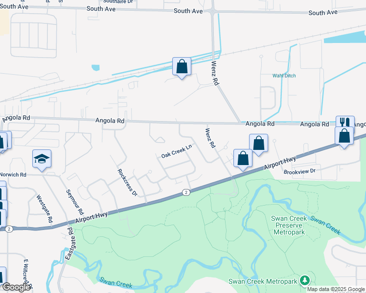 map of restaurants, bars, coffee shops, grocery stores, and more near 4356 Oak Creek Lane in Toledo