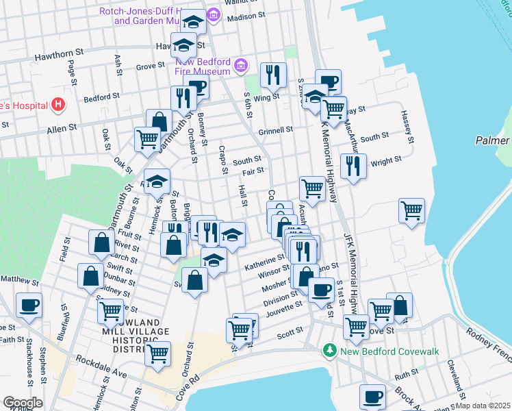 map of restaurants, bars, coffee shops, grocery stores, and more near 4 Warwick Street in New Bedford
