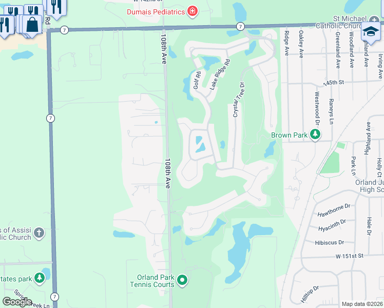 map of restaurants, bars, coffee shops, grocery stores, and more near 14719 Hollow Tree Road in Orland Park