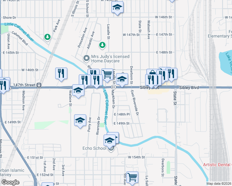 map of restaurants, bars, coffee shops, grocery stores, and more near 14719 Markham Drive in Harvey
