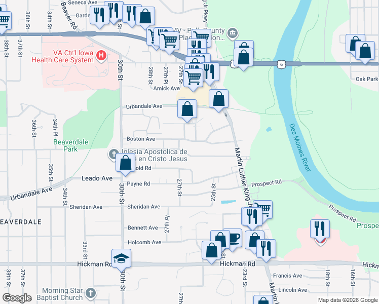 map of restaurants, bars, coffee shops, grocery stores, and more near 2531 Adams Avenue in Des Moines