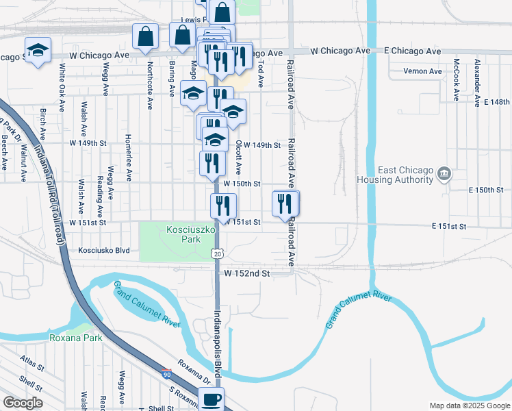 map of restaurants, bars, coffee shops, grocery stores, and more near 5028 Tod Avenue in East Chicago