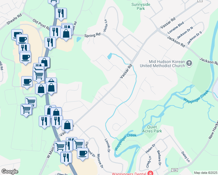 map of restaurants, bars, coffee shops, grocery stores, and more near 660 Vassar Road in Poughkeepsie