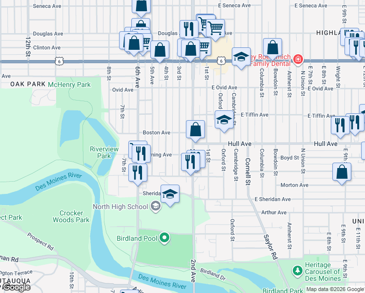 map of restaurants, bars, coffee shops, grocery stores, and more near 2911 3rd Street in Des Moines