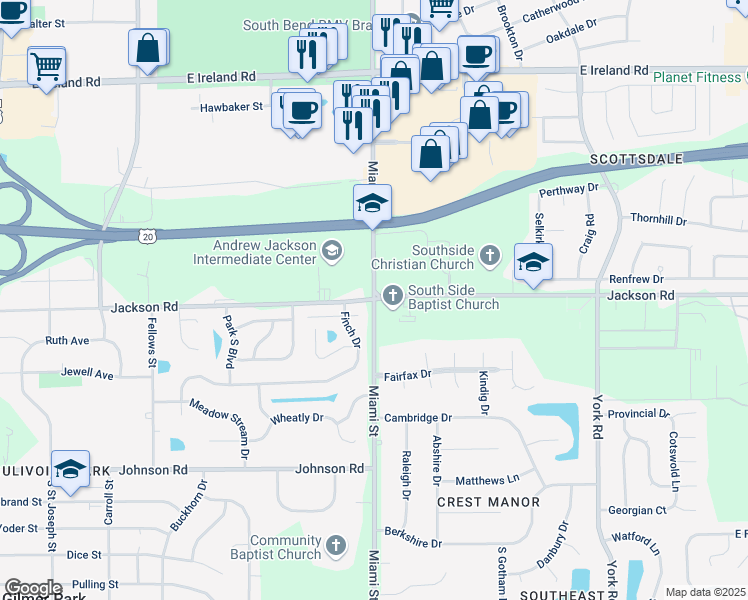 map of restaurants, bars, coffee shops, grocery stores, and more near Jackson Rd in South Bend
