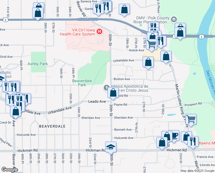 map of restaurants, bars, coffee shops, grocery stores, and more near 3000 30th Street in Des Moines