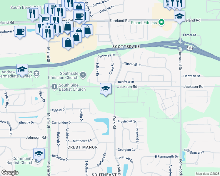 map of restaurants, bars, coffee shops, grocery stores, and more near 1530 Jackson Road in South Bend