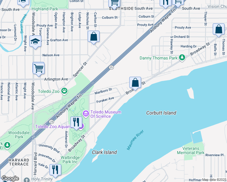 map of restaurants, bars, coffee shops, grocery stores, and more near 2515 Marlboro Street in Toledo