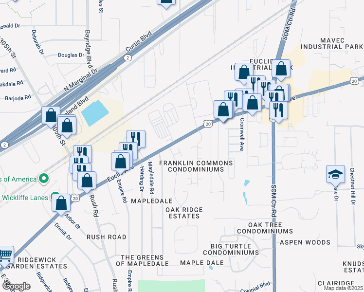 map of restaurants, bars, coffee shops, grocery stores, and more near 33630 Euclid Avenue in Willoughby