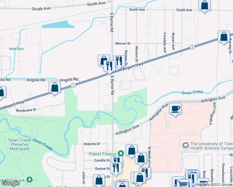 map of restaurants, bars, coffee shops, grocery stores, and more near 939 South Byrne Road in Toledo