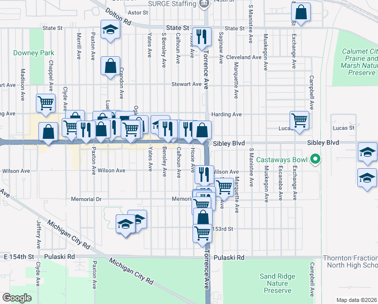 map of restaurants, bars, coffee shops, grocery stores, and more near 499 Calhoun Avenue in Calumet City