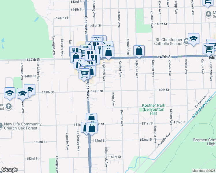map of restaurants, bars, coffee shops, grocery stores, and more near 14829 Kilpatrick Avenue in Midlothian