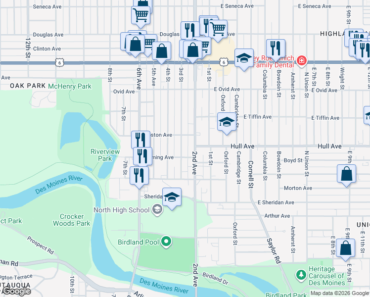 map of restaurants, bars, coffee shops, grocery stores, and more near 2911 3rd Street in Des Moines