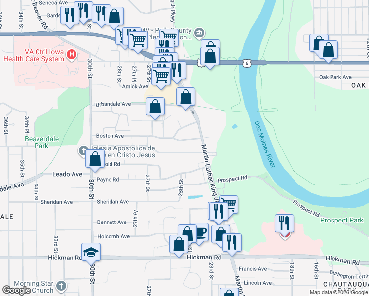 map of restaurants, bars, coffee shops, grocery stores, and more near 2425 Adams Avenue in Des Moines