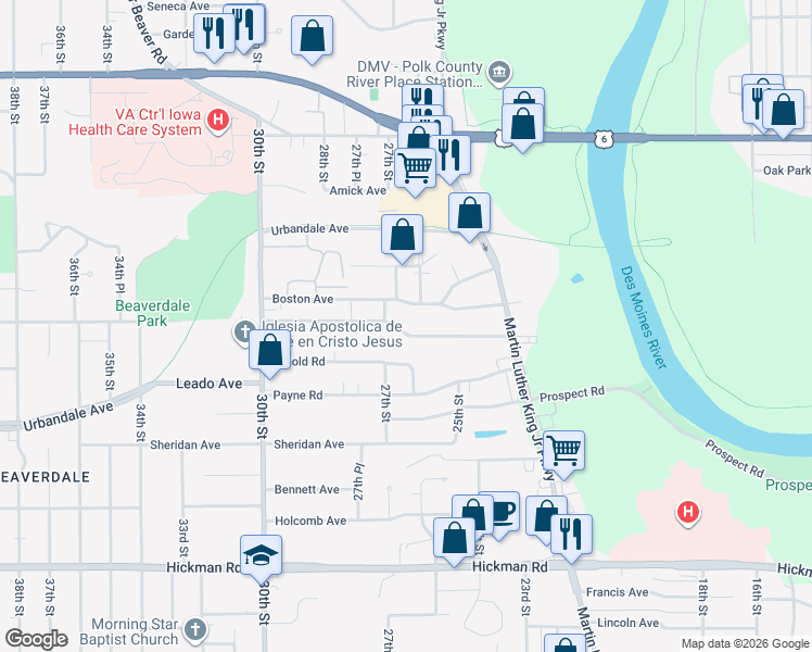 map of restaurants, bars, coffee shops, grocery stores, and more near 2531 Adams Avenue in Des Moines