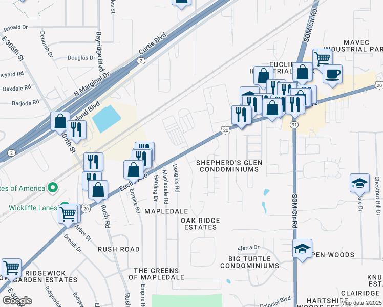 map of restaurants, bars, coffee shops, grocery stores, and more near 33630 Euclid Avenue in Willoughby
