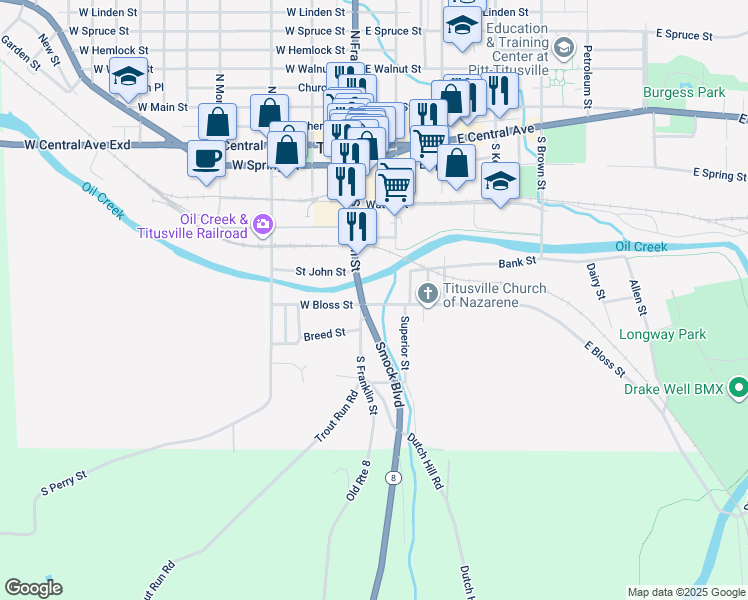 map of restaurants, bars, coffee shops, grocery stores, and more near 50549 East Bloss Street in Titusville