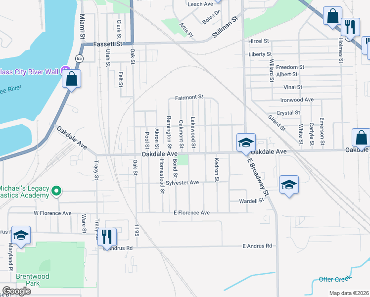map of restaurants, bars, coffee shops, grocery stores, and more near 549 Oakdale Avenue in Toledo
