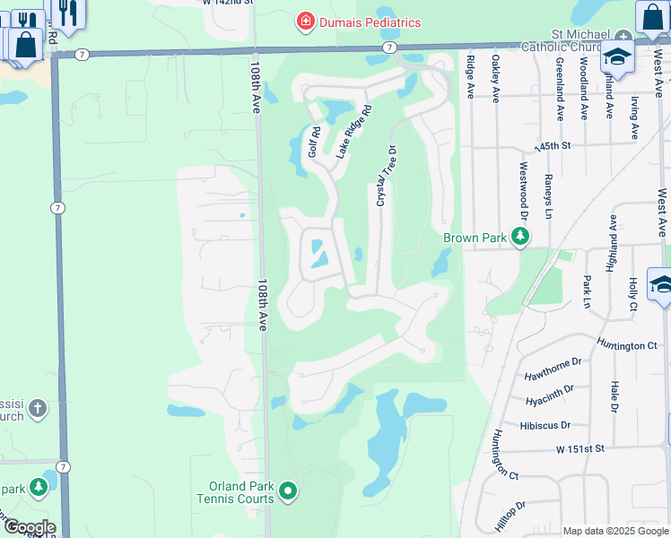 map of restaurants, bars, coffee shops, grocery stores, and more near 14718 Golf Road in Orland Park