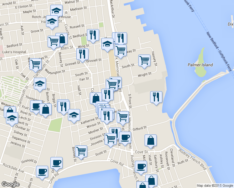 map of restaurants, bars, coffee shops, grocery stores, and more near 561 S 1st St in New Bedford