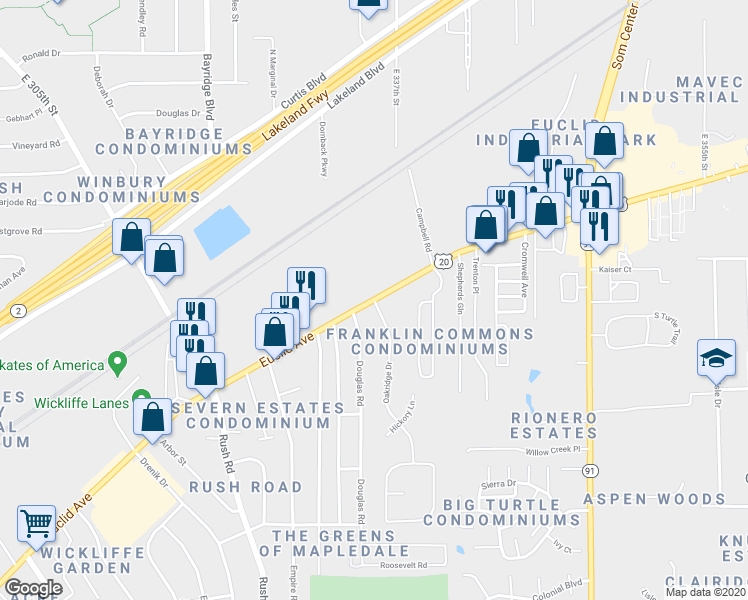 map of restaurants, bars, coffee shops, grocery stores, and more near 33630 Euclid Avenue in Willoughby