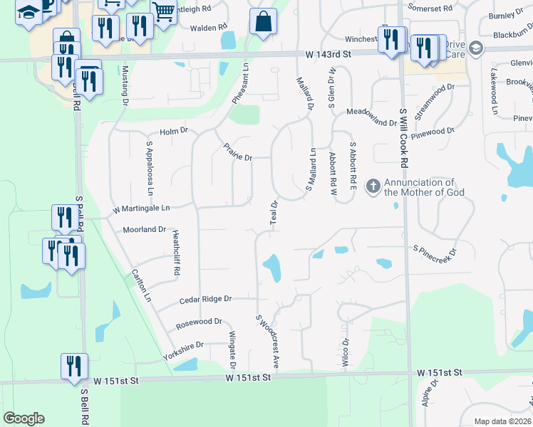 map of restaurants, bars, coffee shops, grocery stores, and more near 14662 Teal Drive in Homer Glen