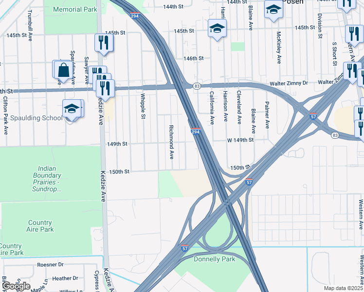map of restaurants, bars, coffee shops, grocery stores, and more near 14908 San Francisco Avenue in Posen