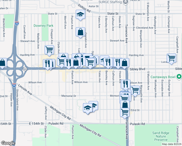map of restaurants, bars, coffee shops, grocery stores, and more near 494 Oglesby Avenue in Calumet City
