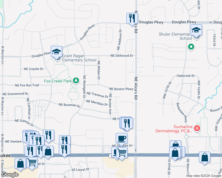 map of restaurants, bars, coffee shops, grocery stores, and more near Northeast Boston Parkway in Waukee