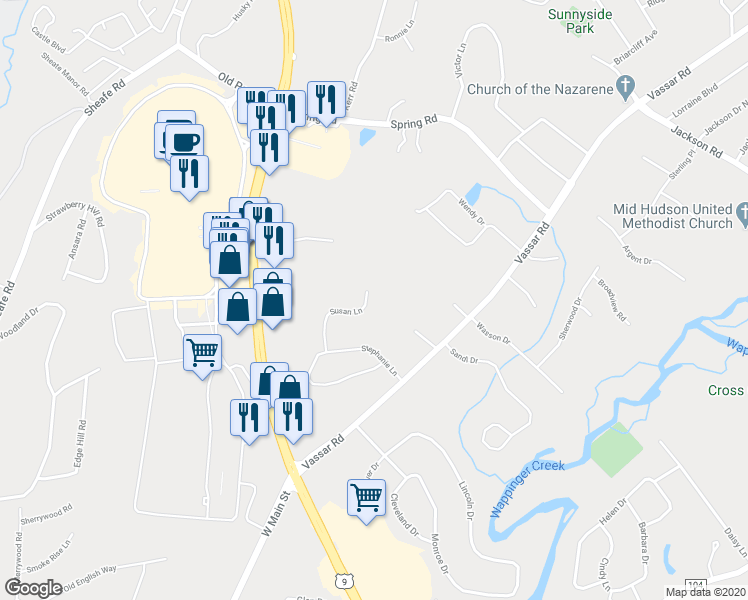 map of restaurants, bars, coffee shops, grocery stores, and more near 22 Susan Lane in Poughkeepsie