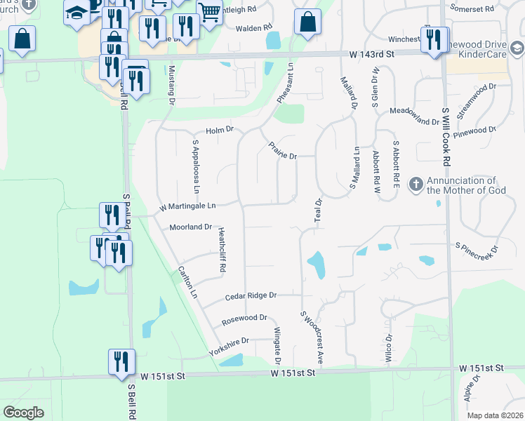 map of restaurants, bars, coffee shops, grocery stores, and more near 12445 W Martingale Ln in Homer Glen