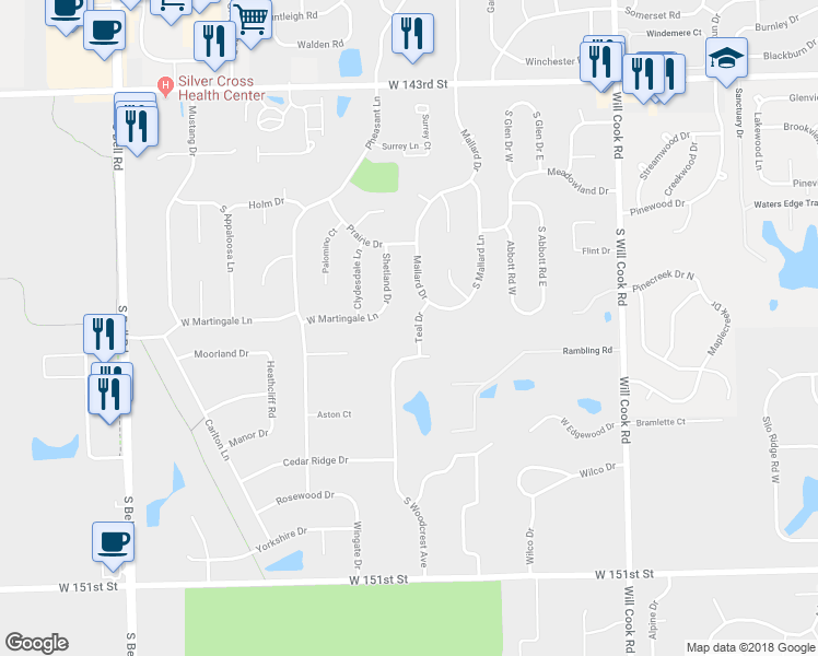 map of restaurants, bars, coffee shops, grocery stores, and more near 14662 Teal Drive in Homer Glen