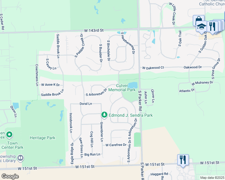 map of restaurants, bars, coffee shops, grocery stores, and more near 14638 South Cricketwood Court in Lockport