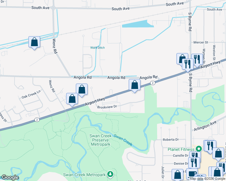 map of restaurants, bars, coffee shops, grocery stores, and more near 3940 Airport Highway in Toledo