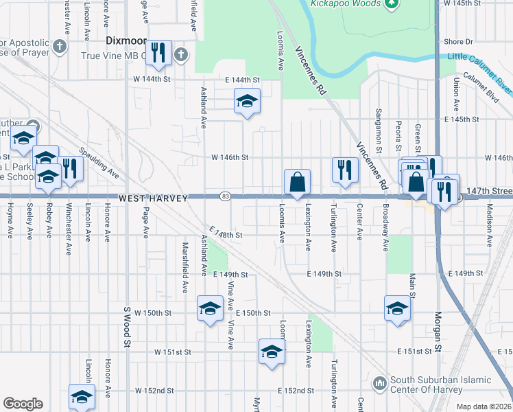 map of restaurants, bars, coffee shops, grocery stores, and more near 14701 Myrtle Avenue in Harvey