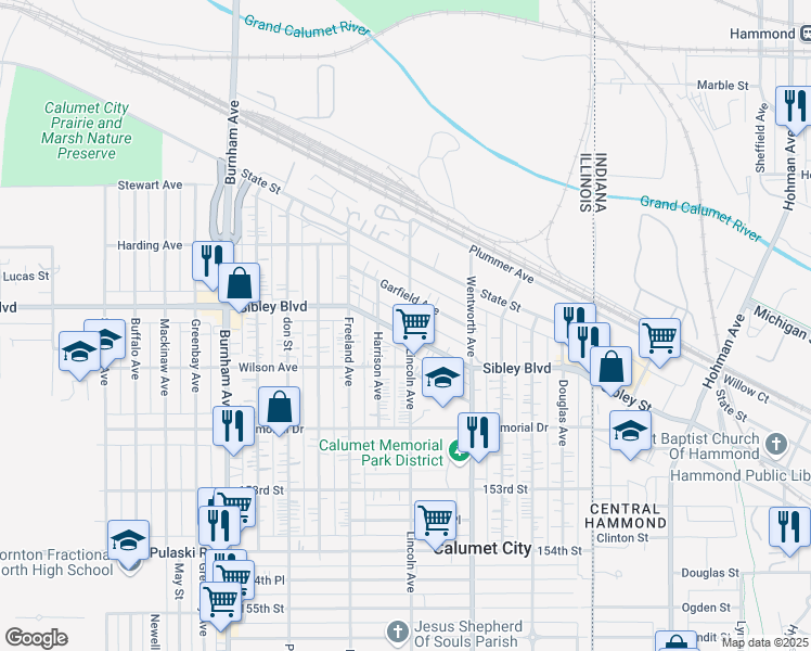 map of restaurants, bars, coffee shops, grocery stores, and more near 500 Sibley Boulevard in Calumet City