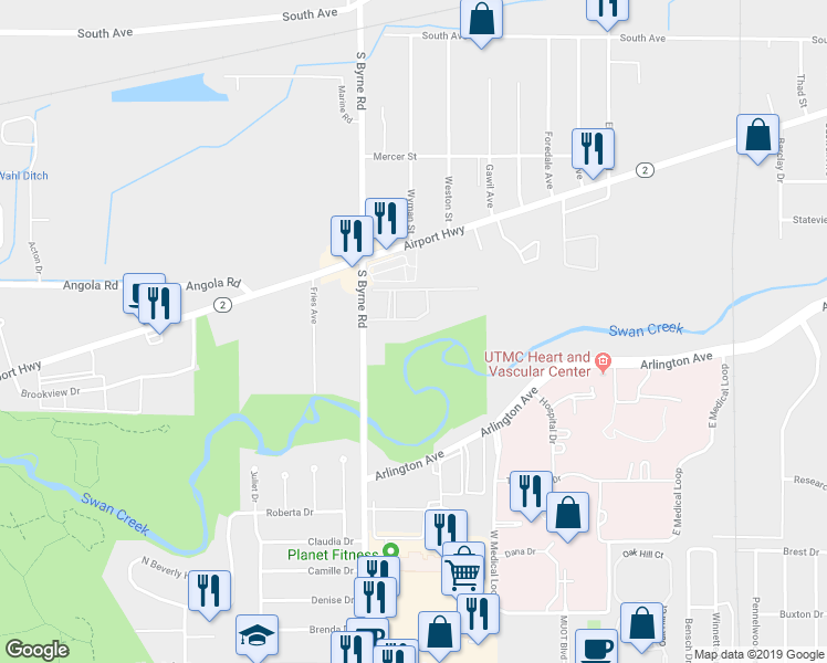 map of restaurants, bars, coffee shops, grocery stores, and more near 3445 Gibraltar Heights Drive in Toledo