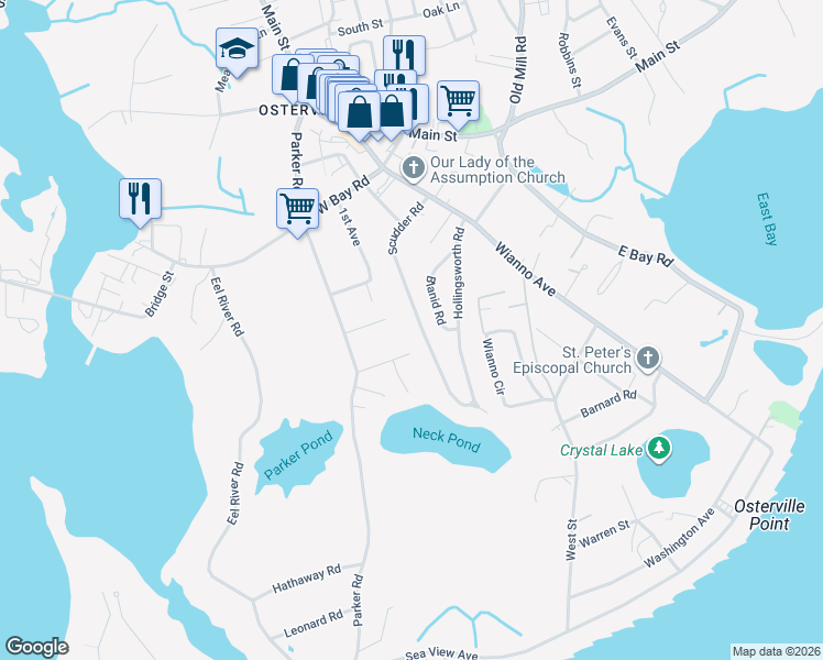 map of restaurants, bars, coffee shops, grocery stores, and more near 159 Scudder Road in Barnstable