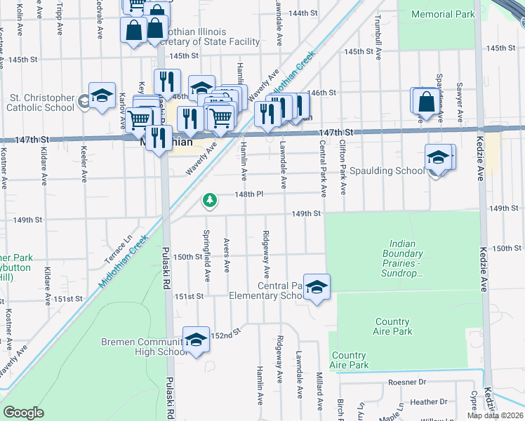 map of restaurants, bars, coffee shops, grocery stores, and more near 3734 149th Street in Midlothian