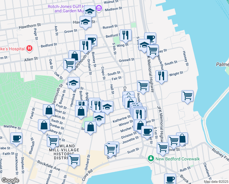 map of restaurants, bars, coffee shops, grocery stores, and more near 4 Warwick Street in New Bedford