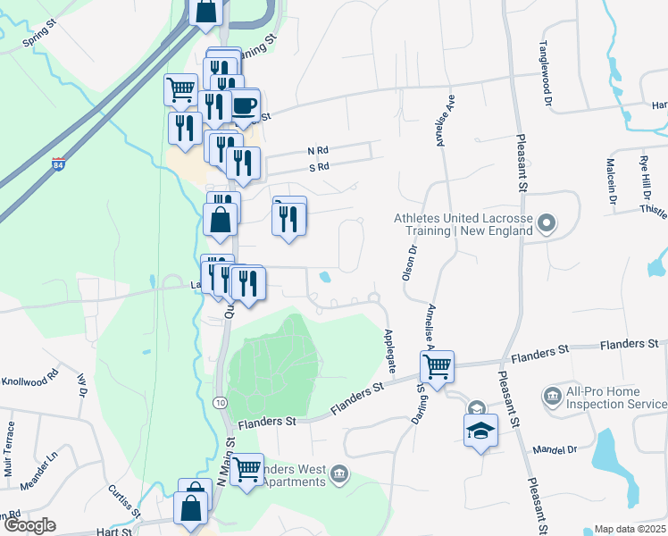 map of restaurants, bars, coffee shops, grocery stores, and more near 235 Queen Street in Southington