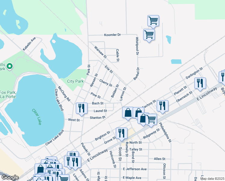 map of restaurants, bars, coffee shops, grocery stores, and more near 101-199 Belden St in La Porte