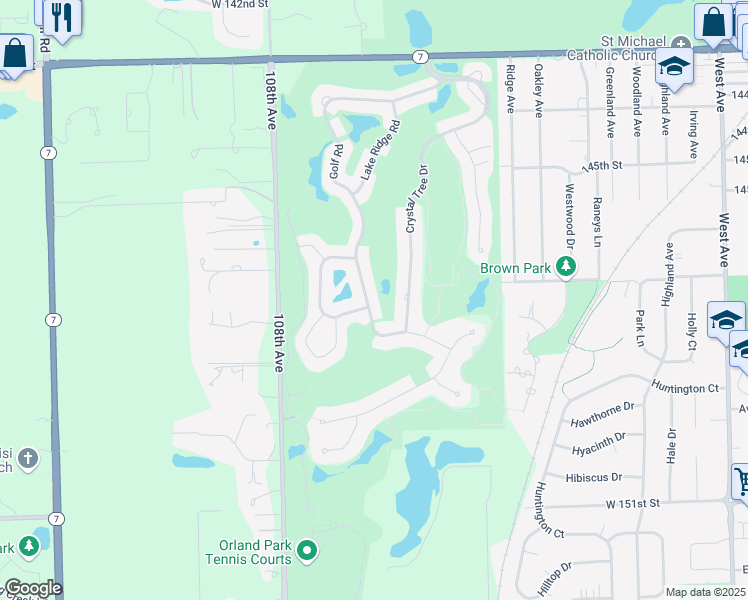 map of restaurants, bars, coffee shops, grocery stores, and more near 14718 Golf Road in Orland Park