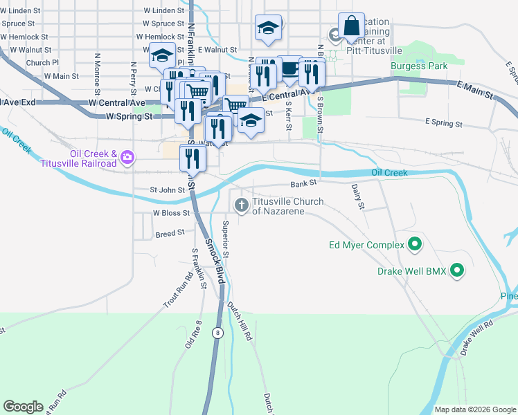 map of restaurants, bars, coffee shops, grocery stores, and more near 423-439 Drake Street in Titusville
