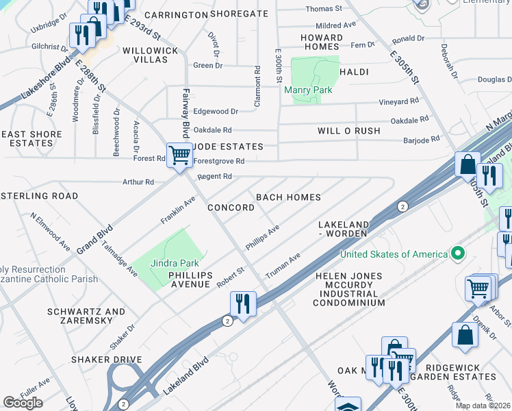 map of restaurants, bars, coffee shops, grocery stores, and more near 29967 Warren Road in Wickliffe