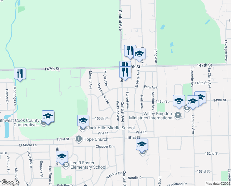map of restaurants, bars, coffee shops, grocery stores, and more near 14812 Parkside Avenue in Oak Forest
