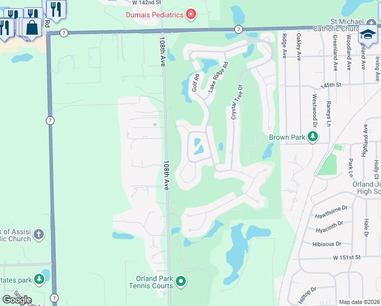map of restaurants, bars, coffee shops, grocery stores, and more near 14719 Hollow Tree Road in Orland Park
