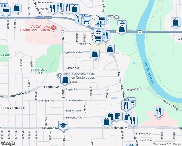 map of restaurants, bars, coffee shops, grocery stores, and more near 2698 Adams Avenue in Des Moines